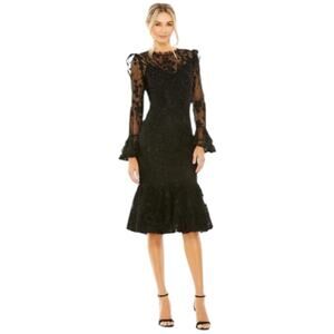 Mac Duggal Black Ruffle Wrist Embellished High Neck Midi Dress Sz 10 Style 20431